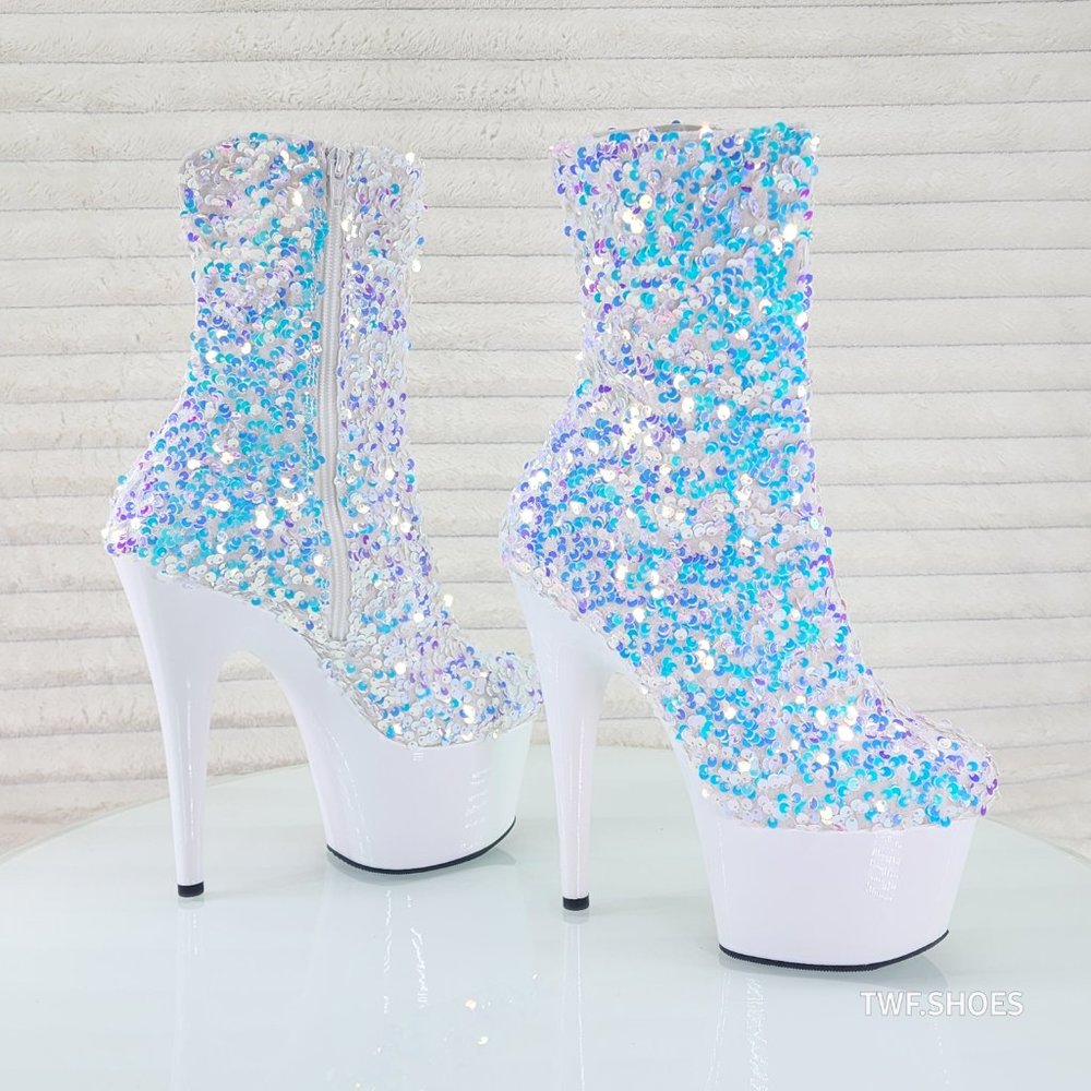 White Ice Multi Sequin Platform 7" Heels Ankle Boots Adore 1042 - Picture 3 of 8